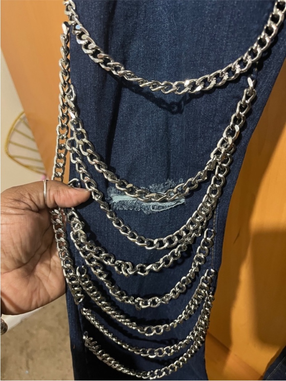 Dark Blue Women's Chain-Accent Flared Jeans - Picture 2 of 3